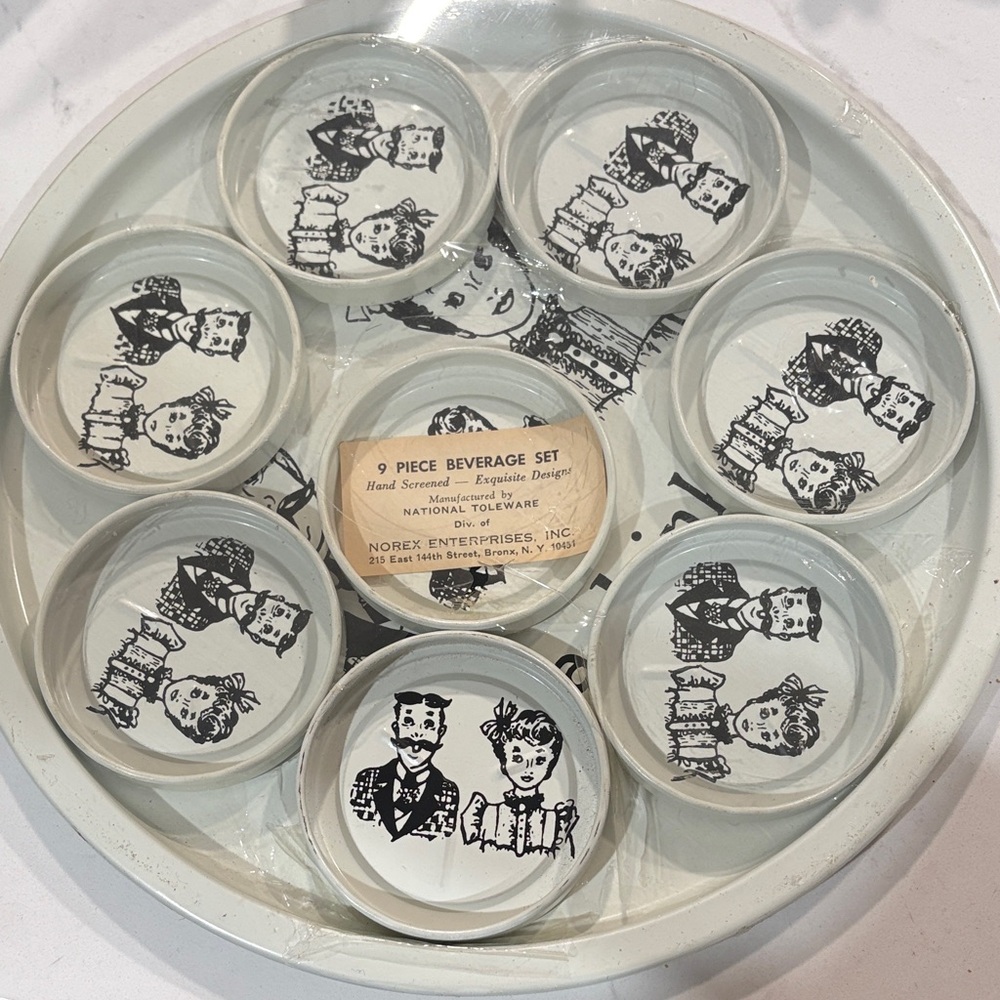 National toleware 9 Piece Beverage Set with Vintage Illustrations